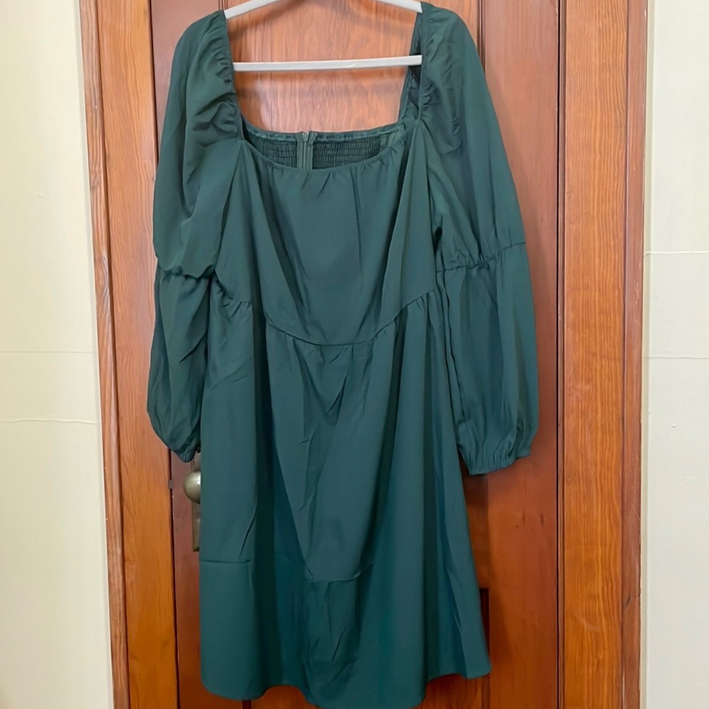 Dark Green Square Neck Swing A-Line Dress